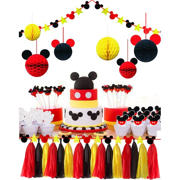 Party Supplies Honeycomb Balls Stars Garland Banner Tissue Paper Tassels for Mickey Minnie Theme Party Birthday Baby Shower Decoration Kits (Red Yellow Black)