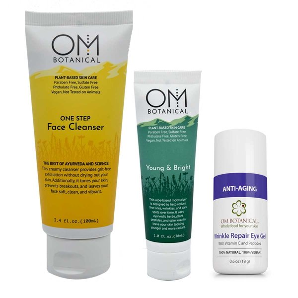 Organic Anti-aging Starter Kit with One Step Face Cleanser, Young and Bright face Cream w/Peptides and Wrinkle Repair Eye Cream with Vitamin C and Peptides