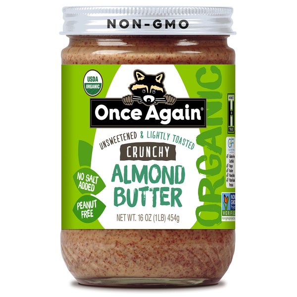 Once Again Organic Crunchy Almond Butter, 16oz - Lightly Toasted - Salt Free, Unsweetened - USDA Organic, Gluten Free Certified, Peanut Free, Vegan, Kosher, Paleo - Glass Jar