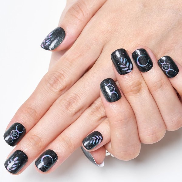 GLAMERMAID Press on Nails Extra Short Squoval, Gothic Glitter Black Horoscope Glue on Gel Nails, 24Pcs Round Reusable Glossy Stick on Nails Acrylic False Nails Manicure Kits for Women Gift