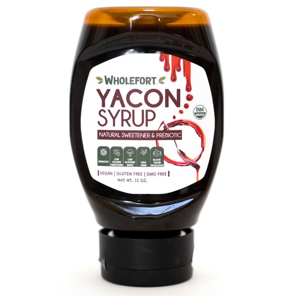 Peruvian Yacon Syrup a 100% Natural Sweetener - Low Glycemic Index - Vegan - Organic - Substitute for Sugar, Honey and Molasses - Packed with FOS (fructooligosaccharide) a Prebiotic Fiber and Inulin - In an Easy Squeeze Dripless Bottle by Wholefort
