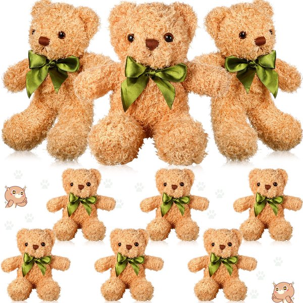 9 Pieces Cute Bear Stuffed Animals, 10 Inch Soft Plush Stuffed Bears Toy Bulk with Bow Tie for Kids Boys Girls Graduation Baby Shower Christmas Birthday Party Gift Favors (Golden)