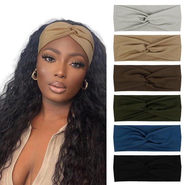 6 Pack Headbands for Women Fashion Non Slip Wide Hair Bands Workout Head Wraps, Soft Yoga Elastic Turban Hair Wraps for Girls