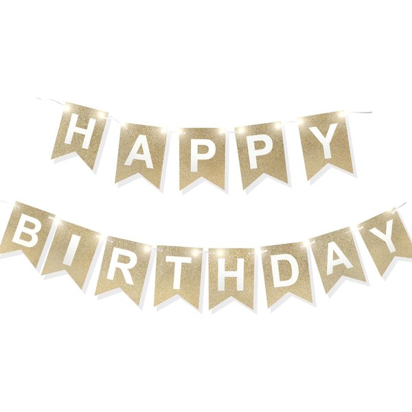 RUBFAC Pre-Strung Happy Birthday Banner - NO DIY - Gold Glitter Birthday Party Banner with 2pcs Fairy Lights for Birthday Party Decorations, Rose Gold Happy Birthday Sign