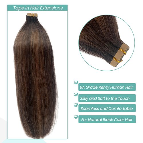 Tape in Human Hair Extensions Ombre Highlights Tape in Hair Extensions Dark Brown and Chestnut Brown Balayage Real Human Hair Tape in Extensions for Women 16 Inch 50g 20pcs