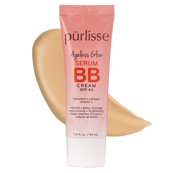 pūrlisse Ageless Glow Serum BB Cream SPF 40 : Clean & Cruelty-Free, Full & Flawless Coverage, Hydrates with Collagen | Light Medium 1.4oz