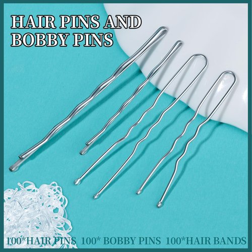 Teenitor 300pcs Silver Bobby Pins Hair Pins Kit, 100pcs Bobby Pins 100pcs Hair Pins for Women, Hair Pins for Buns and 100pcs Hair Bands, Hair Pin 2" 2.36", Silver Bobby Pins for Gray Hair 2" 2.75"