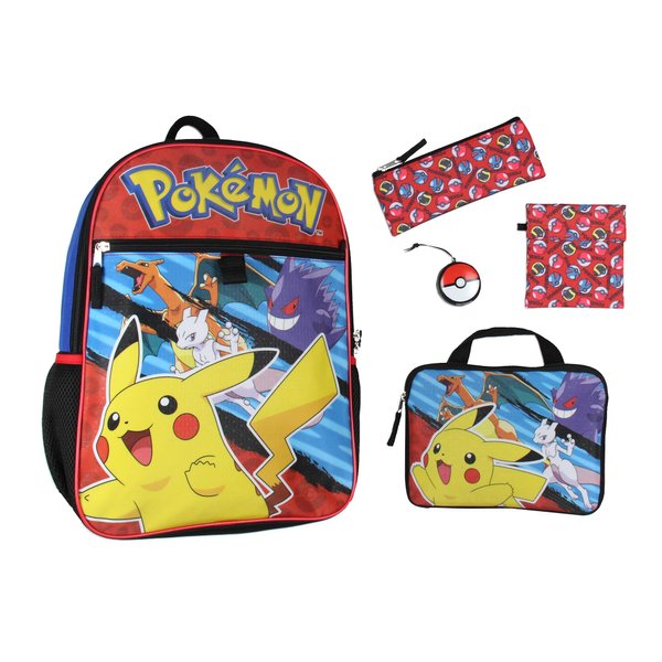 Pokemon 5 PC Backpack Set With Padded Card Carrier, Pencil Case, Insulated Snack Bag, and Pokeball Stress Toy