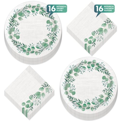 Botanical Garden Eucalyptus & Linen Paper Dessert Plates and Guest Napkins (16 Plates & Napkins)