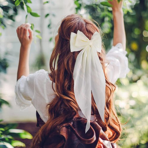 4 Pcs Hair Bows Clips for Women Girls - Silky Satin Big Bows Clips | White/Black Bow Hair Barrettes | Tassel Hair Ribons Bows with Oversized Long Tail - 2 Style