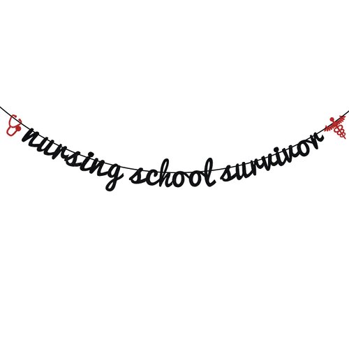 Black Glitter Nursing School Survivor Banner - 2024 Nurse Graduation Decorations - Congrats Nurse/RN, Medical School Graduation Party Supplies