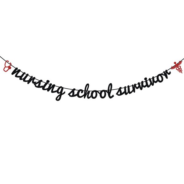 Black Glitter Nursing School Survivor Banner - 2024 Nurse Graduation Decorations - Congrats Nurse/RN, Medical School Graduation Party Supplies