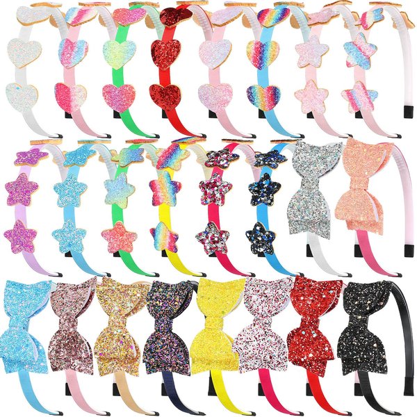 24 Pcs Glitter Headband for Girls Sparkly Headband Sequin Toddler Headband Bulk Plastic Rainbow Bow Headband Kids Hair Accessories Valentine Gift