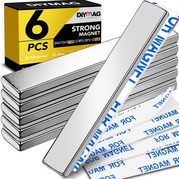 DIYMAG Strong Neodymium Bar Magnets with Double-Sided Adhesive, Rare-Earth Metal Neodymium Magnet - 60 x 10 x 3 mm, Pack of 6