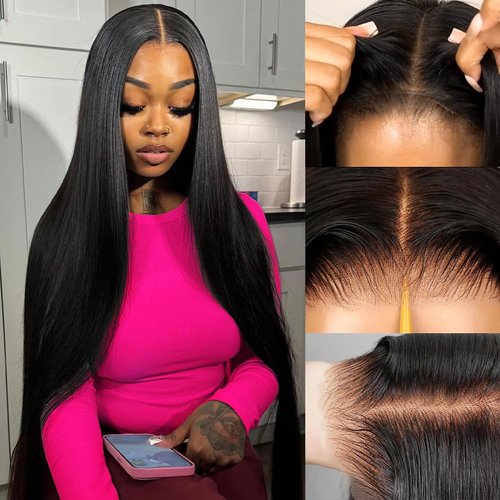 Eooma 200% Density Glueless Wigs Human Hair Pre Plucked Pre Cut 7x5 Wear and Go Glueless Wig 26 Inch HD Straight Lace Front Wigs Human Hair for Women Natural Black