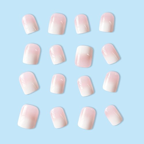 Short Press on Nails Pink Fake Nails Gradient Pink White False Nails with Gradient Designs Square Shaped Glue on Nails Pink Stick on Nails Full Cover Acrylic Nails Glossy Artificial Nails 24Pcs