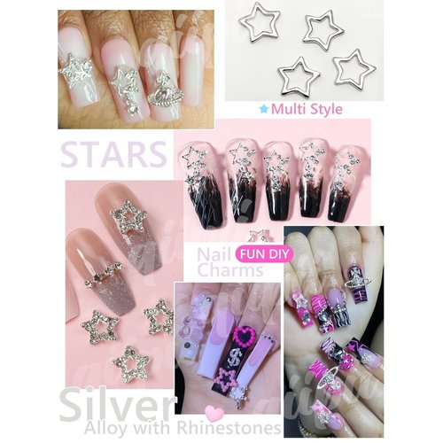 qiipii 42Pcs Star Nail Charms for Acrylic Nails 9 Styles 3D Silver Stars Nail Rhinestones Nail Gems Jewels Pentagram Cute Crystal Diamond Alloy Studs Nail Art Supplies Decor for Nails Face Makeup DIY