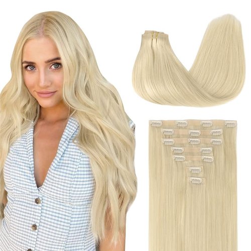 GOO GOO Clip in Hair Extensions Real Human Hair, 20inch 110g 7Pcs, 60A Platinum Blonde, Remy Human Hair Extensions Clip ins for Women, Natural Human Hair