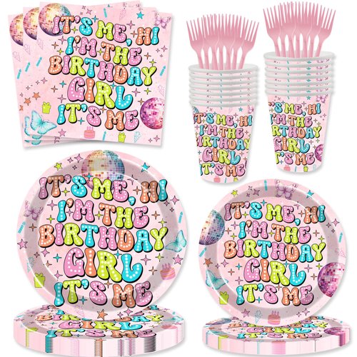 100 Pcs Its Me Hi Im The Birthday Girl Its Me Decorations In My Birthday Era Plates Napkins Forks Cups Dinnerware for Music Theme Women Girls Birthday Party Supplies Favors