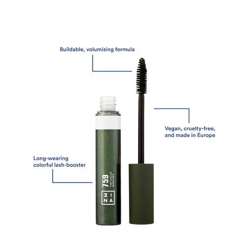 3INA The Color Mascara 759 - Dark Green Colored Mascara Coats Eyelashes With Fun Color - Washable, Clump Free, Volumizing Mascara in Bold Colors - Colorful Vegan and Cruelty Free Makeup - 0.47 Fl. Oz