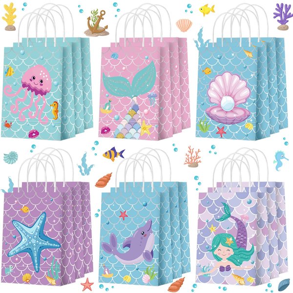 Kacctyen 18 Pcs Mermaid Party Favor Gift Bags Paper Mermaid Party Bags with Handle Pearl Mermaid Gift Bags Under the Sea Goodie Treat Gift Wrap Bags for Birthday Party Decorations Supplies