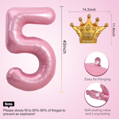Pink 5 Balloon 40 Inch,Giant Number Balloon Mini Crown Balloon Set for Girl 5th Birthday Party Decorations,Five Years Old Birthday Pink Party Theme Decorations,Pink Foil Mylar Birthday Digital Balloon