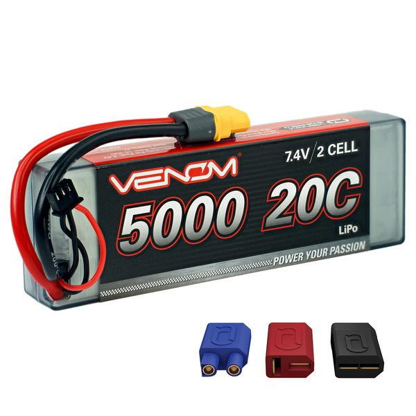 Venom Drive Series 20C 2S - 5000mAh 7.4V LiPo RC Battery - Universal 2.0 Plug, Lithium Polymer 2 Cell - Soft Silicone Connector & Compatible w/ XT60, Traxxas, Deans, EC3, 2WD, 4WD, Truck & Buggies