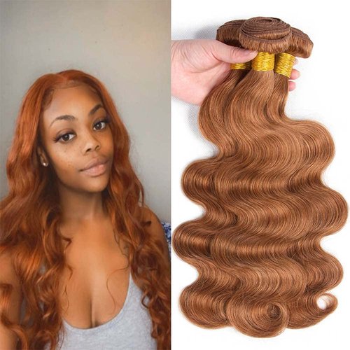 Color #30 Human Hair Bundles Light Brown Body Wave Human Hair Bundles 24 26 28 inch Double Weft Brazilian Remy Hair Extensions Wet and Wavy Bundles Silky Soft For Black Women