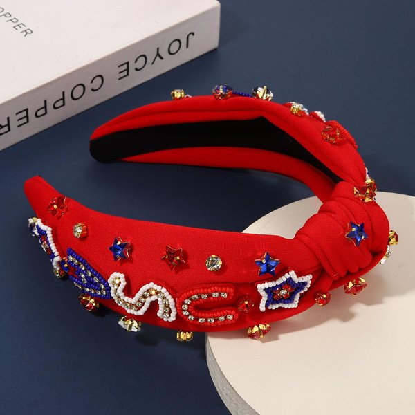 mokkia 4th of July Headband for Women American Flag Star Knotted Headbands Red White and Blue Rhinestone Crystal Top Knot Headbands Patriotic 4th of July Accessories Party Favors (Letter USA 5)