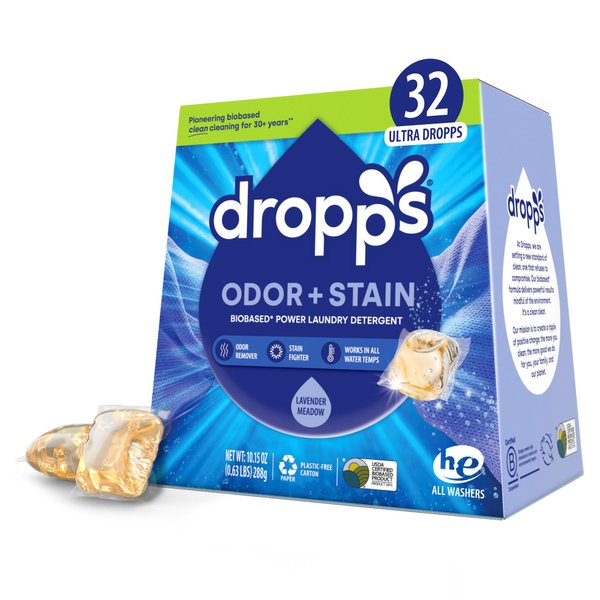 Dropps Stain & Odor Laundry Detergent Pods: Lavender Meadow | 32 Count | HE Compatible + All Washers | Cold Wash + All Temperatures | Tackles Tough Odors | Low Waste Packaging