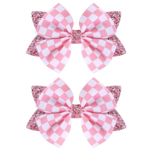 Glitter Pink Checkered Buffalo Plaid Hair Bows 4'' for Girls Women Racing Checkered Flag Bows Alligator Clips Barrettes Race Fan Car-Themed Birthday Party Gift Accessories