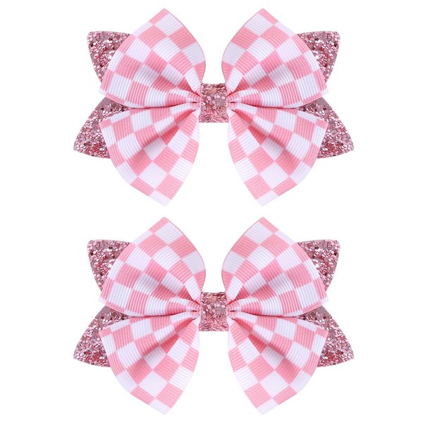 Glitter Pink Checkered Buffalo Plaid Hair Bows 4'' for Girls Women Racing Checkered Flag Bows Alligator Clips Barrettes Race Fan Car-Themed Birthday Party Gift Accessories