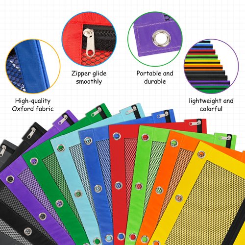 12 Pcs Pencil Pouch for 3 Ring Binder Colorful Binder Pencil Pouch with Zipper, 3 Ring Binder Pencil Pouch Bags for Classroom Bulk Pencil Pouch Box Pencil Case for Storing School Teacher Supplies