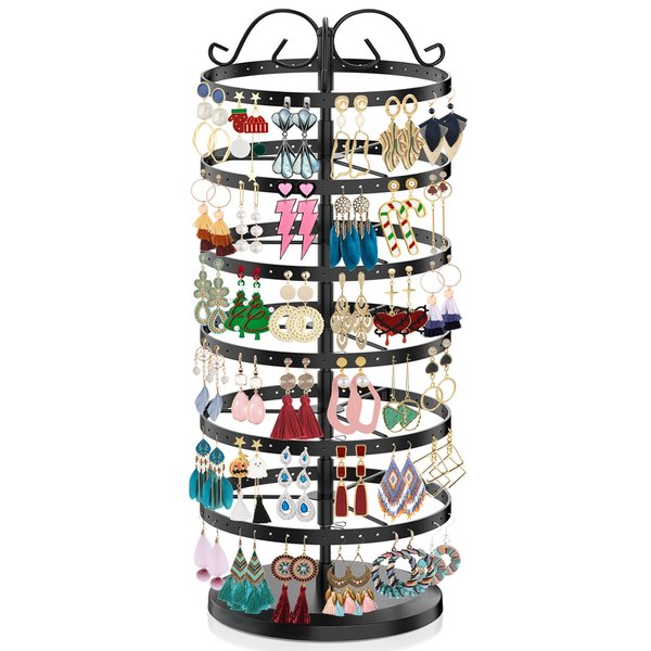 iDavosic.ly 6 Tier Metal Rotating Earring Holder Organizer, 264 Holes Earring Storage Display Tower Rack, Adjustable Earring Tree Organizer for Women Girl (Black)