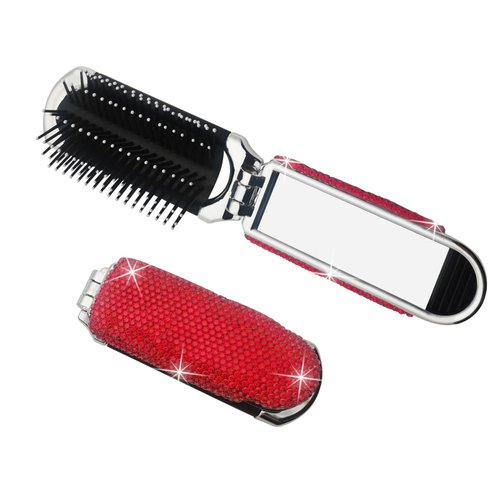 Owemtao Bling Travel Folding Hair Brush with Mirror and Rhinestones - Compact Collapsible Brush for Women (Red)