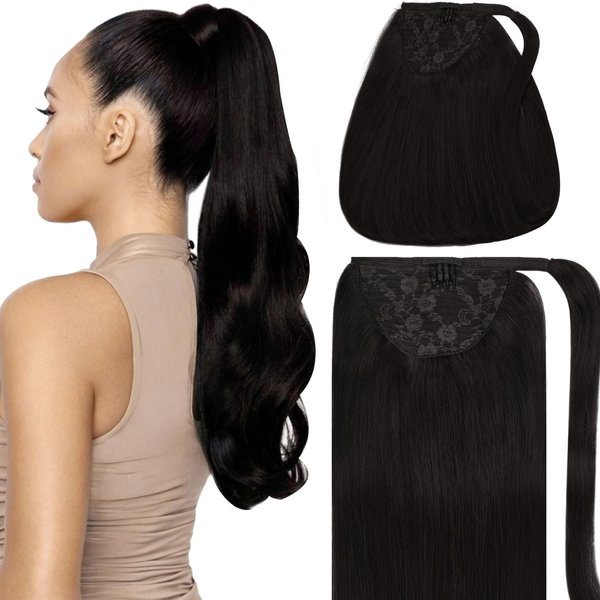 Caliee Human Hair Ponytail Extensions for Women Clip in Ponytail 18Inch 80G 1B Natural Black Real Human Hair Wrap Around Ponytail Hair Piece with Clip Magic Paste Ponytail Hairpiece One Piece