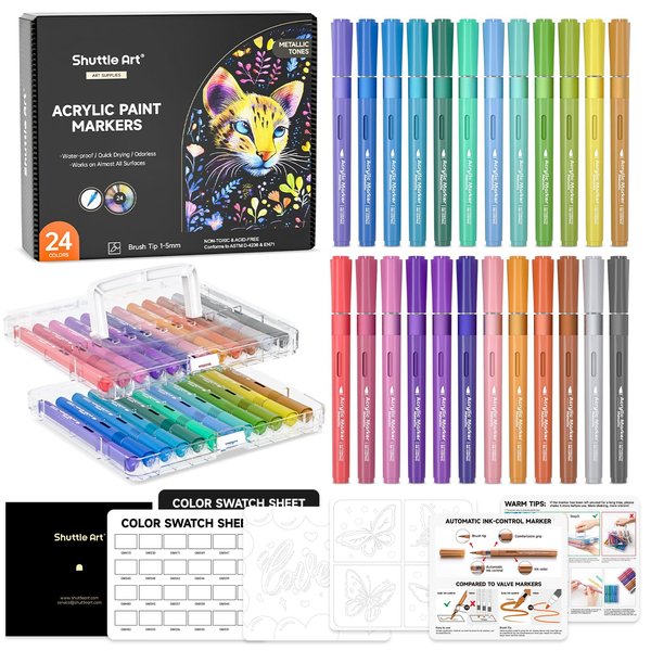 Automatic Ink Control Acrylic Paint Markers, Shuttle Art 24 Metallic Colors Brush Tip Acrylic Paint Pens for Rock Painting, Ceramic, Wood, Canvas, Glass, Stone, Fabric, Card Making, DIY & Art Supplies