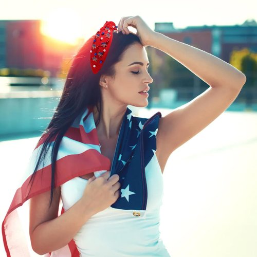 4th of July Headbands for Women, 4th of July Accessories, American Flag Patriotic Headbands, Rhinestone Pearl Knotted Headbands Beads Embellished Jeweled Headbands Holiday Gifts (Star C-Red)