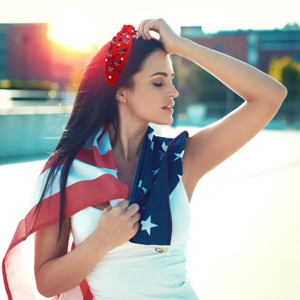 4th of July Headbands for Women, 4th of July Accessories, American Flag Patriotic Headbands, Rhinestone Pearl Knotted Headbands Beads Embellished Jeweled Headbands Holiday Gifts (Star C-Red)