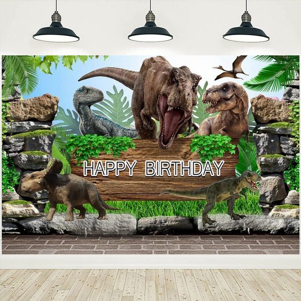 Dinosaur Theme Birthday Backdrop Banner Dinosaur Happy Birthday Photography Background Tropical Jungle Dinosaur World Birthday Party Backdrop for Children