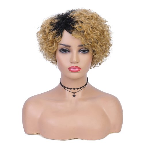 Quantum Love Human Hair Wigs for Black Women Short Curly Human Hair Side Part Wig Pixie Cut Brazilian Remy Human Hair Deep Curly None Lace Front Ombre Blonde Wigs