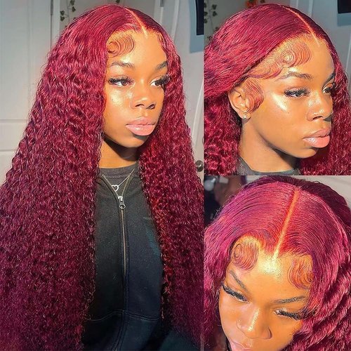 99j Burgundy Lace Front Wigs Human Hair Red Deep Wave Lace Front Wigs Human Hair 28 Inch 13x4 HD Lace Front Wigs Human Hair 180% Density Glueless Wigs Human Hair Pre Plucked Pre Cut (28 Inch)