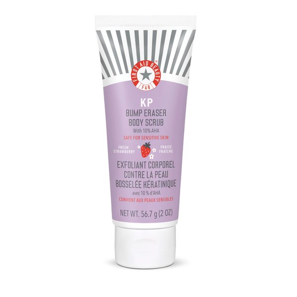 First Aid Beauty - KP Bump Eraser Body Scrub with 10% AHA, Keratosis Pilaris Exfoliating Skin Cleanser with 10% Lactic Acids Glycolic, Pumice & Bisabolol, Reduces Bumps, Strawberry Scent, 2 oz