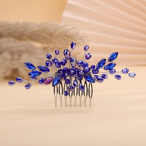 Teyglen Crystal Bride Wedding Hair Comb Bridal Blue Rhinestone Hair Pieces Hair Jewelry Simple Red Black Pink Headpieces for Bride Women Girls