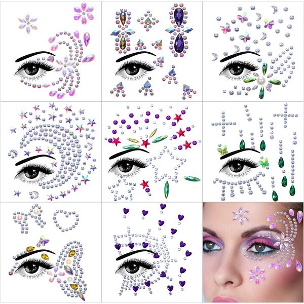 GEEHUA 8 Sheets Halloween Face Gems Glitter, Festival Face Jewels Stick On Self Adhesive Face Stickers Rhinestones Crystals Stickers Eyes Body Temporary Tattoos for Halloween Festival Carnival Party