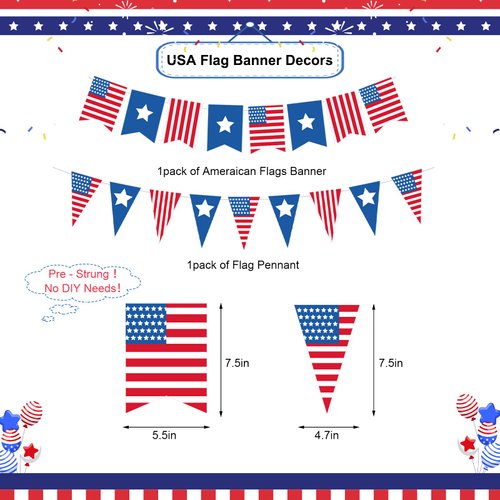 Chilfamy USA Party Decorations, Red Blue White Decorations with American Flag Banner, 12Pcs USA Hanging Swirls Decors, Pennant Bunting Banner, Foil Balloons for Welcome Home Patriotic Party Supplies