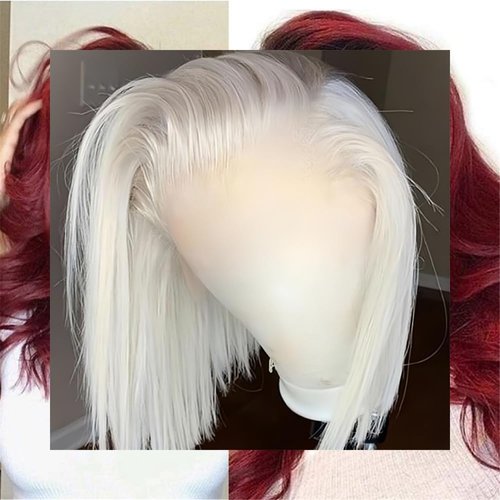 FENJUN HAIR #60 Silver Gray Wig White Platinum Blonde Bob Lace Front Wigs Human Hair Glueless 13x6 HD Transparent Lace Frontal Breathable Hair 14'' Straight Lace Front Human Hair Wigs for White Women