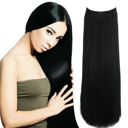 LOHXINHAIR Invisible Wire Real Human Hair Extensions Transparent Wire Adjustable Size 4 Secure Clips 24 Inch Black Long Straight Secret Hairpiece for Women