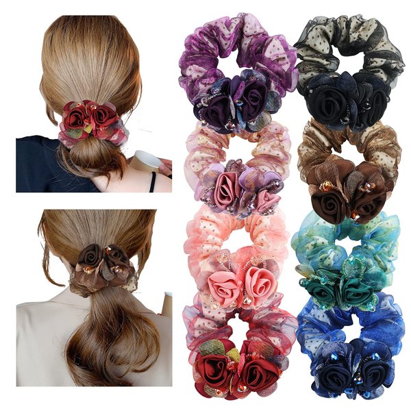 Lawie 8 Pack Glitter Sparkly Lace Rose Flower Hair Ties Hair Bows Elastics Bands Stretchy Rubber Hairbands Thick Floral Headbands Scrunchies Ponytail Holder Accessories for Women Girl