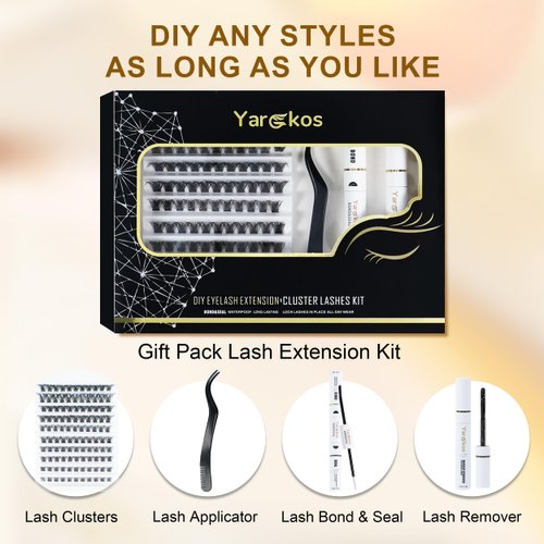 Yargkos Lash Extension Kit, 110Pcs 8-16mm D Mix Curl False Lashes Clusters, Bond and Seal Glue, Makeup Remover, Tweezers, Individual Eyelash Extensions Set, Natural Look DIY at Home, Black-A2
